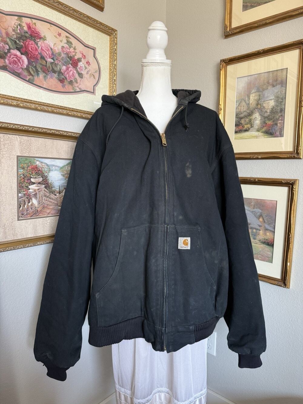 Carhartt Vtg USA Chore Coat Barn Jacket Mens 3XL Tall Hooded Full Zip Black Logo